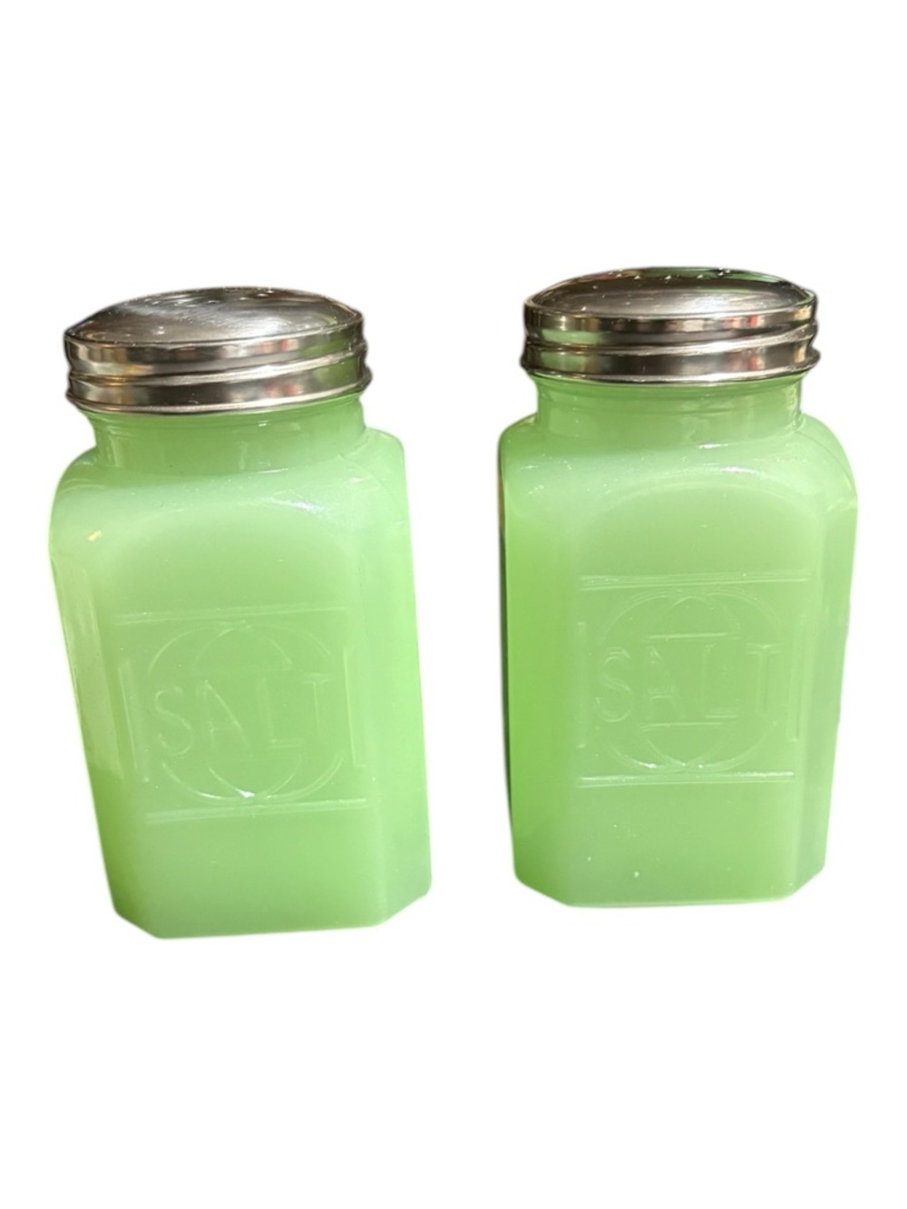 Fire King Jadeite Green Glass Salt Shaker Pair with Silver-Tone Lids